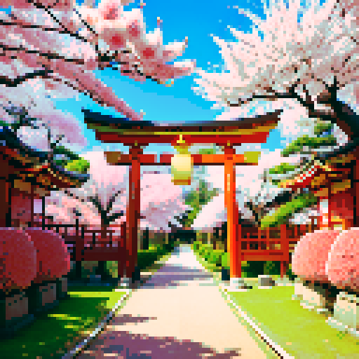 Golden shinto shrine, vibrant cherry blossom trees, traditional architecture with intricate details, shinto torii gate adorned with golden decorations, a pixel art golden cuboid positioned behind the gate, golden lanterns illuminating the scene in sRGB colors