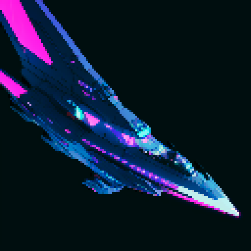 spaceship, futuristic, sleek, metallic, floating, inky black background, vibrant neon lights, retro-futuristic, angular, pixelated, glowing engine, starry sky, low-poly, geometric shapes, 8-bit, vibrant color palette, glowing cockpit windows, exhaust trails, cosmic, otherworldly