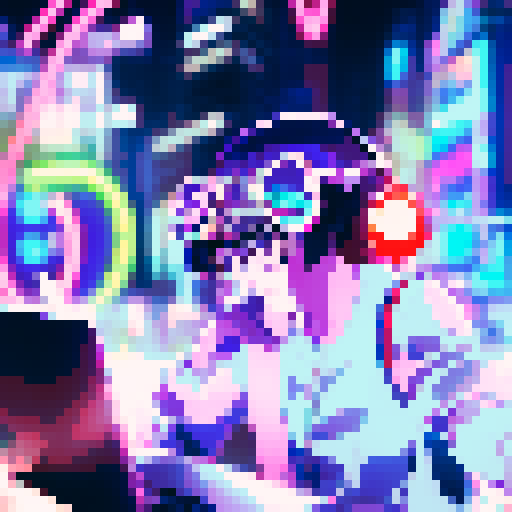 Tech-savvy baby with oversized glasses and suspenders operates a futuristic computer, surrounded by neon lights and holograms