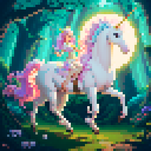unicorn woman hybrid with cloven hooves, ethereal mane flowing, delicate golden horn, playful expression, bathed in the moons glow in a forest, clear detail, pixel art style, sRGB format