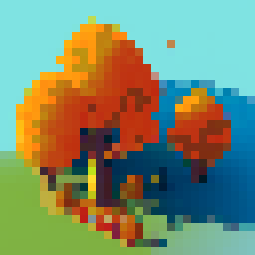 top-down perspective, aspen tree, vibrant autumn colors, pixel art, detailed leaves, towering trunk, sunlight filtering through branches, pixelated bark texture, crisp blue sky, tiny birds perched on branches