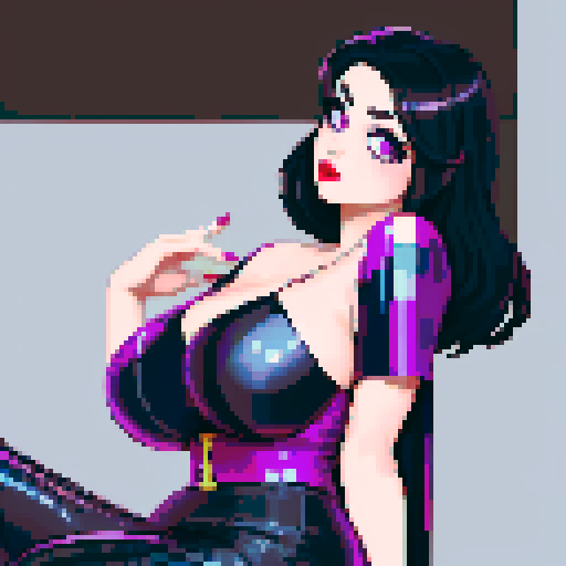 curvy, cute goth girl with black hair, purple eyeshadow, and red lipstick, in a nude glamour shot, rendered in pixel art with vibrant sRGB colors