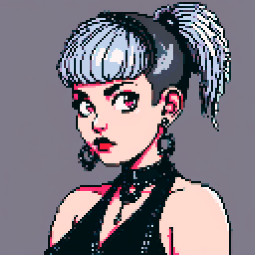 curvy, busty cute goth babe with studded collar, big titty goth wearing studded leather halter top. Large breasts. hair in buns with side bangs.  close up portrait, pixel art, sRGB