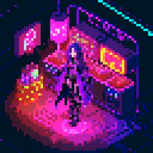magic mage cyberpunk girl with vibrant purple hair, glowing tattoos, and a flowing cloak, surrounded by holographic neon signs and futuristic market stalls, all rendered in pixel art with a vivid sRGB color palette