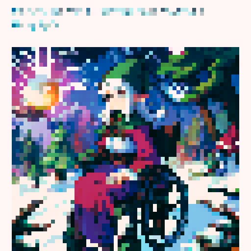 Wheelchair elf with pointy hat, holding a cane adorned with holly, sitting in a snow-covered forest, surrounded by colorful pixel art mushrooms and a glowing sRGB moon