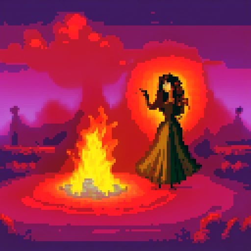 Andalusian gypsy girl, Candela, swirling in a pixel art flamenco dress as she dances the Ritual Fire Dance with her ghostly husband, surrounded by a vibrant sRGB campfire circle