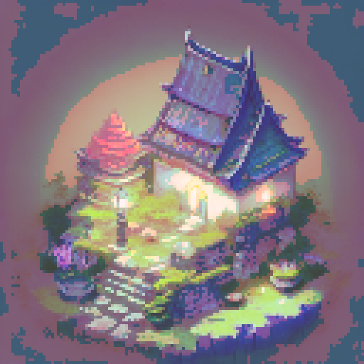 Misty, towering shrines and temples loom over narrow alleys and dimly lit streets, their intricate carvings and detailed mosaics illuminated by flickering lanterns in the landscape portrait style