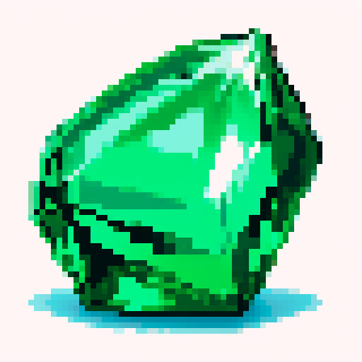 Emerald gem shining with vibrant green hues, pixelated and meticulously crafted in sRGB color profile