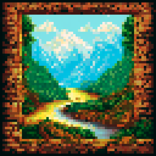 paper scroll, aged and weathered, unfurled and revealing an ancient map, intricately drawn with faded ink and delicate calligraphy, depicting a mythical landscape of towering mountains, lush forests, and winding rivers, all rendered in vibrant pixel art with a rich sRGB color palette, against a backdrop of a golden sunset casting a warm glow over the picturesque scene