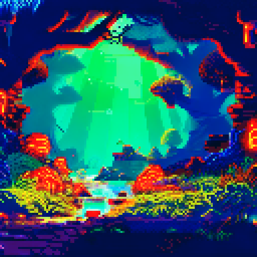 evil lair, inside, eerie cave entrance with glowing, bioluminescent mushrooms lining the walls, casting an otherworldly light onto the rugged, moss-covered ground, creating a mysterious and enchanting pixel art background