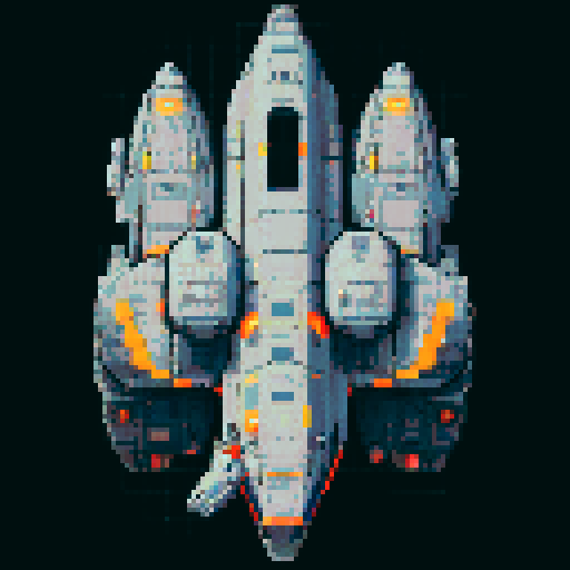 2d Spaceship in empty space, metallic exterior, retro aesthetic, pixelated details,blinking lights, wireframe outlines, geometric shapes, low-resolution textures, pixel art style, sRGB color space View from above.  For a spaceship designed for stealth or reconnaissance missions, use dark grays, deep blues, and black, with minimal highlights in red or orange for the thrusters and running lights. This palette suggests a more militaristic or secretive function.