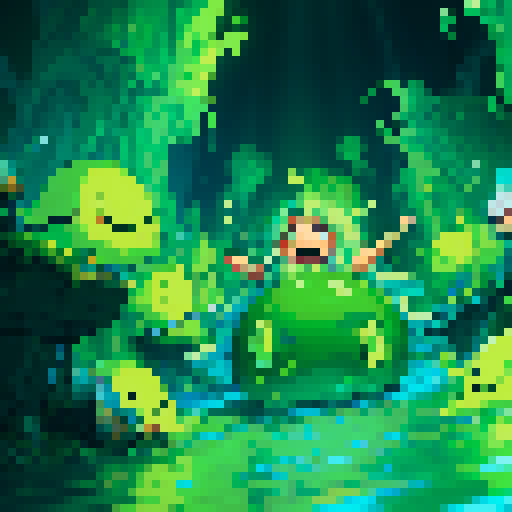 tidal wave of thick slime, thick gooy slime, heroes drowning in slime, slime surrounding heroes, heroes sinking into slime