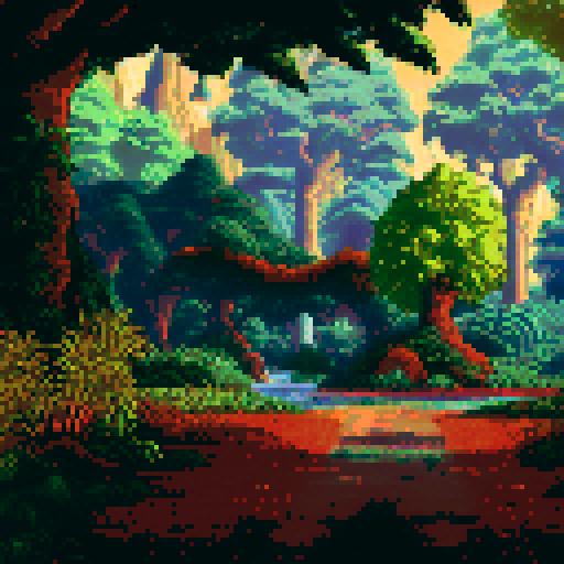 tall, towering, majestic trees, vibrant colors, dense foliage, pixelated leaves, sRGB palette, intricate branches, serene background, sprawling landscape