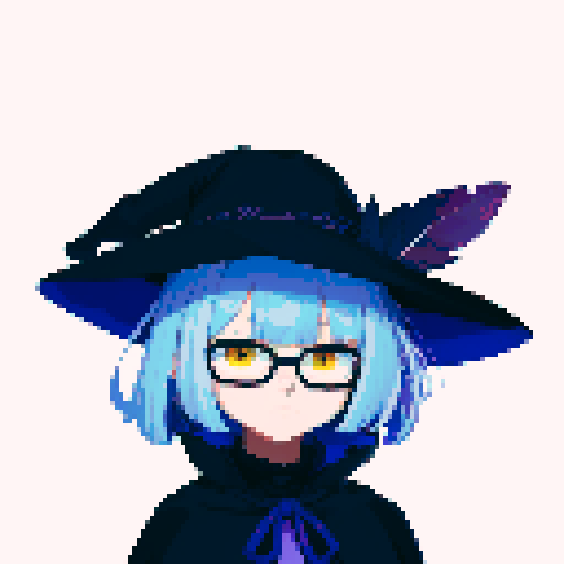 male, symmetrical face, closed mouth, yellow eyes, hair between eyes, solo male, straight-on, facing viewer, light blue hair, bob cut, white pupils, tsurime, pepekekeko, long bangs, flowing sleeves, capelet, perfect anatomy, blunt bangs, intricate details, witch hat, feather, glasses, pixel art, sRGB