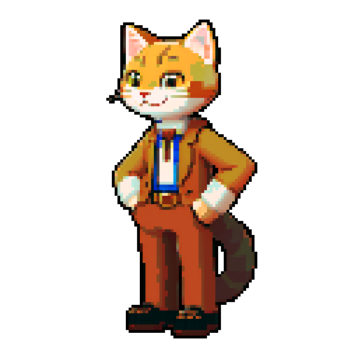 antropomorphic gray cat guy, smiling, brown pants