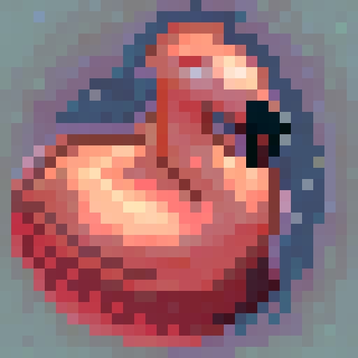 Feathered, pink flamingo with a slender neck, captured in close-up portrait, skillfully rendered in 32x32 pixel art with a graffiti-style twist