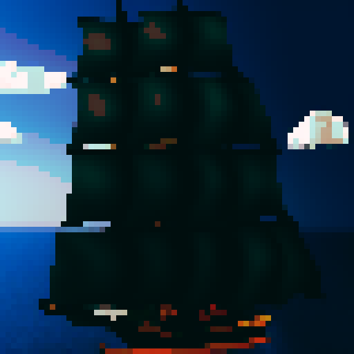 Pirate ship, with single sail and front deck cannon, gliding through soft waves in pixel art style for a laid-back casual game.