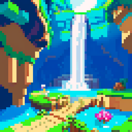 waterfall tile map, blue waterfall, clean and detailed, cave platformer, pixel art, sRGB