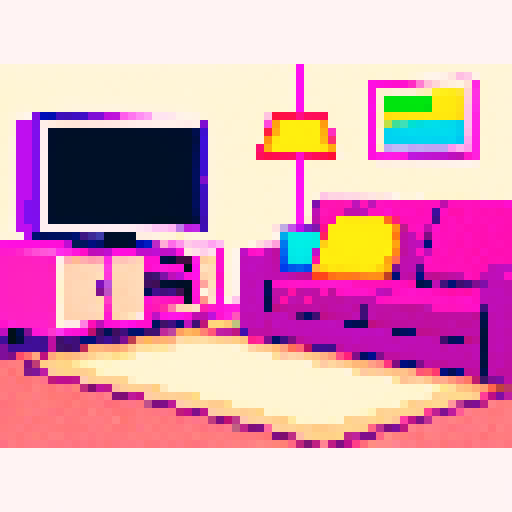 cozy living room, widescreen TV, colorful pixelated carpet, retro 8-bit aesthetic