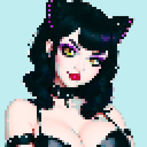 curvy, cute goth cat girl face, black hair, purple eyeshadow, red lipstick, studded leather, face portrait, glamour shot, vibrant sRGB colors, pixel art