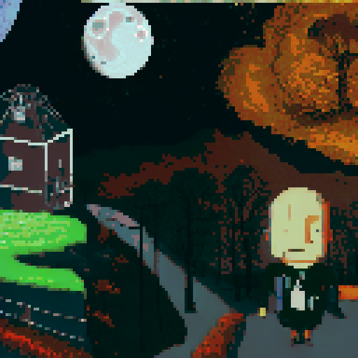 the main protagonist, gurney as seen in the bottom right is on a hill looking over a desolate area with sparse plant life up in flame. We see the back of his head, with his square jaw and a cigarette in his mouth. in the distance is a large laboratory, which has smoke coming out of it and a hole in the top. The sky is full of starts, a moon and a distant alien planet. Gurney must be present with his distinct head seen in the reference image, his green top dark brown pants