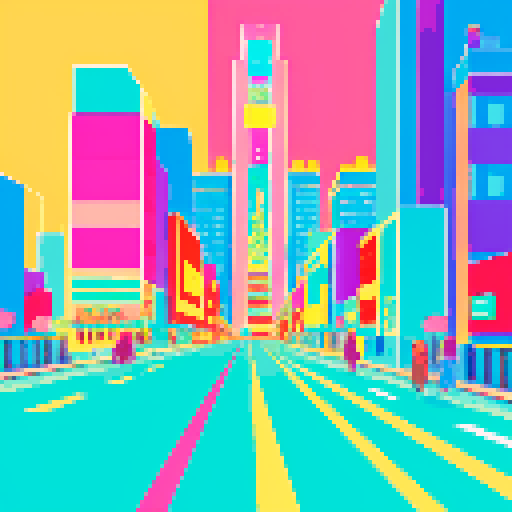 tall skyscraper, vibrant colors, geometric shapes, bustling streets, retro aesthetic, neon lights, 8-bit graphics, symmetrical composition, high contrast, cityscape