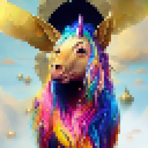 Towering unicorn, rainbow mane, golden hooves, glittering gems and jewels, cascading waterfalls, mystical floating islands - create a fantasy RPG image of this majestic creature standing atop a mountain.