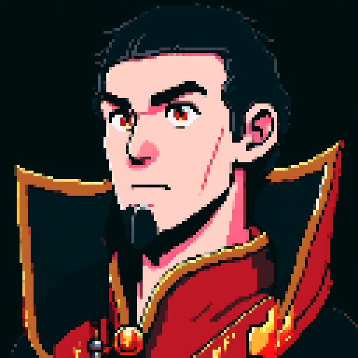 Dark evil male wizard with black hair and bright eyes, wearing a red and black robe with golden-trimmed lining, conjuring a blazing fireball in a pixel art, sRGB fantasy RPG style