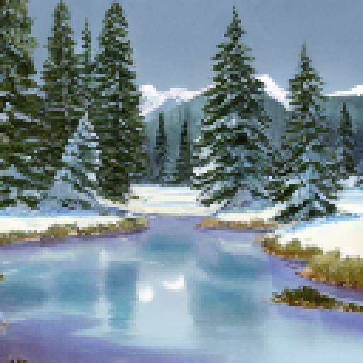 Frozen lakeside in Bob Ross style, towering snow-capped mountains in the background, pine trees with snow-laden branches, and a cozy cabin by the water's edge.