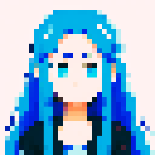 Design a pixel art anime avatar, showcasing the iconic anime style with large expressive eyes, elaborately styled hair, and vibrant colors. The character should be in a classic anime pose, exuding personality and emotion typical of anime characters, like excitement, determination, or serenity. Focus on creating a highly pixelated aesthetic, reminiscent of 16-bit video game graphics, where each pixel is clearly visible and contributes to the overall form and expression of the avatar. 
