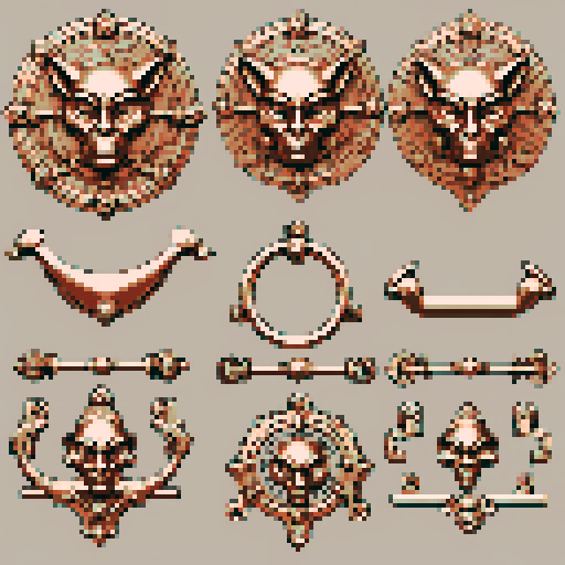simple, geometrical pieces copper from old door knocker and gargoyles. Steampunk. It should be seen as if on a wall, with no perspective, on a solid-color background. There should one be two or three pieces in each frame, it shouldn't be complete.