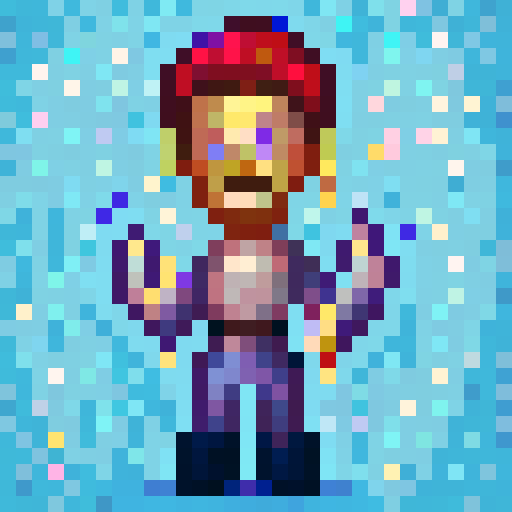 Character with vibrant green hair and glowing yellow eyes, wearing a purple cape and a golden crown, with a mischievous smile and a playful expression, waving their hand in a friendly gesture, against a pixelated background of a fantasy world with floating islands and colorful creatures, reminiscent of a 32x32 pixel art game icon