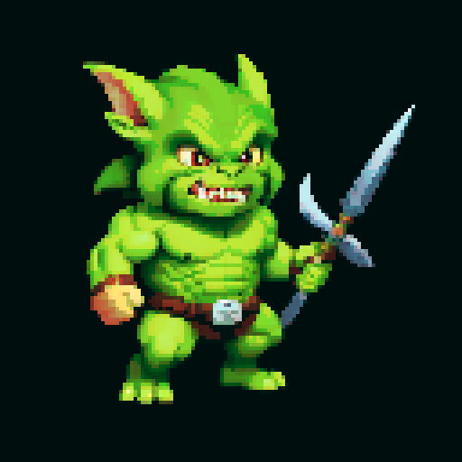 A larger, more ferocious goblin with bulging muscles, heavy armor, and a massive weapon. It has wild eyes and a frenzied expression, ready to charge into battle. No background.
