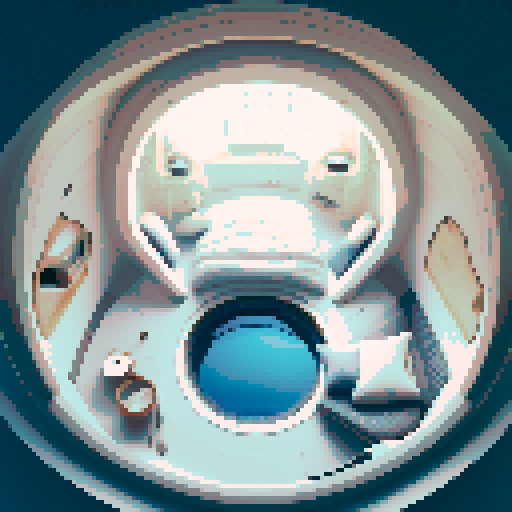 Inside of a sphere spaceship shaped like a gachapon with a clear top half looking out to space. cozy white space theme