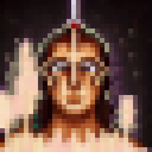 "32x32 pixelated avatar hero wielding a glowing sword, charging towards a menacing dragon amidst a stormy, purple-hued sky."