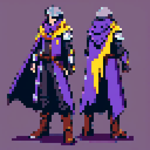 mysterious gunslinger with metal shoulder pads, metal gauntlets, bluish gray pants, brown leather chest armor with yellow highlights, bright purple tattered cloak covering face, sRGB, pixel art, fantasy RPG