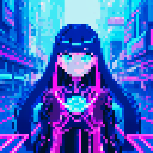 cute girl with big, expressive eyes, long blue hair, vibrant neon colors, pixel art aesthetic, futuristic cityscape filled with towering skyscrapers and holographic billboards, glowing neon signs reflecting off rain-soaked streets, characters wearing edgy, futuristic fashion, dramatic lighting casting long shadows, intricate circuitry and glowing cybernetic, landscape portrait