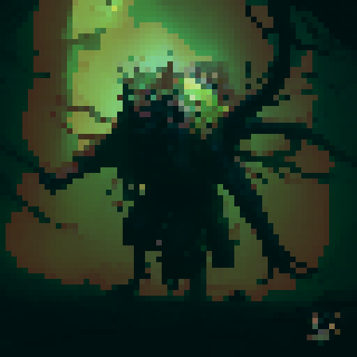 A large tree with dozens of limbs, a demon face, and teeth, walking through the forest