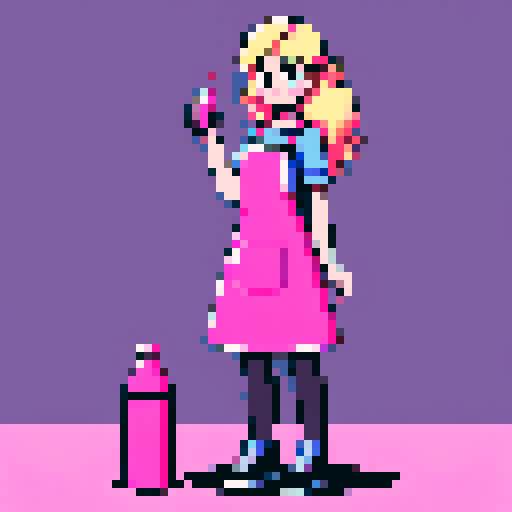 girl with long, wavy, blonde hair, pink apron, holding nail polish bottle, pixel art, sRGB