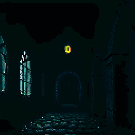 Dark, eerie, moss-covered, torch-lit, dungeon corridor with cobweb-filled crevices, rusty iron bars, and a foreboding, ominous atmosphere, all depicted in pixel art with vivid sRGB colors