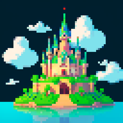 A majestic castle in the clouds surrounded by turtles.