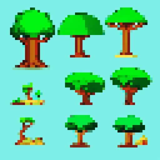 sprite set for various trees in a futuristic island world