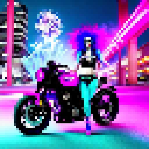 Jinx, the blue-haired manic girl, rides a bright pink motorcycle through a neon-lit cityscape with fireworks exploding in the background, all rendered in a pop-art style.