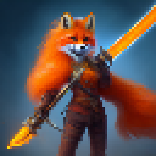 Orange fox warrior with a fiery mane, wielding a glowing sword, no background. 