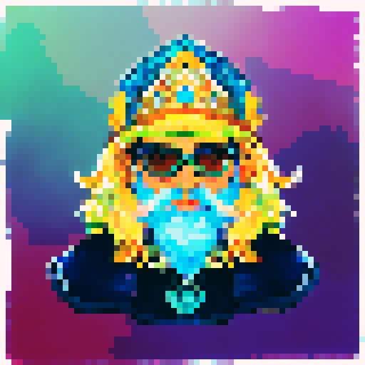 Gucci Van Gogh, pixelated in sRGB, flaunting Gucci fashion, a crown and gold glasses, blended with digital and crypto elements, surrounded by bitcoins, ethereum coins, digital ledgers, exuding cryptocurrency riches, confidence, and success in the digital age, landscape portrait