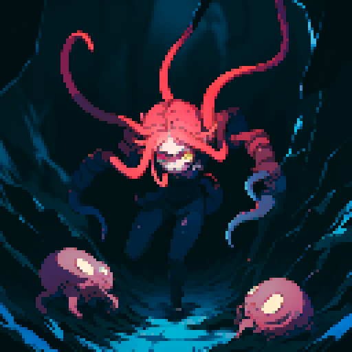 eldritch being, tentacles writhing, full body floating, brain pulsating, many eyes staring, eyeballs bulging, no humans, monsyer, sRGB pixel art