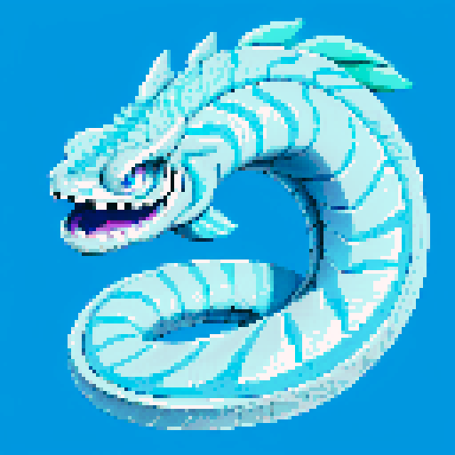 Basilisk with sharp scales, piercing blue eyes, and a coiled tail, depicted in vibrant light blue and white hues, capturing the essence of pixel art and sRGB color scheme