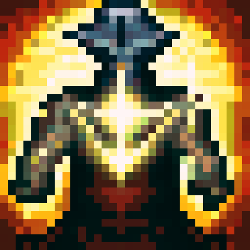Warlock casting a fiery spell with glowing eyes and intricate runes, depicted in a pixel art close-up portrait with a dark, ominous background for a game icon.