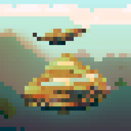 Steampunk airship, soaring over ivory mountains, crafted in detailed pixel art