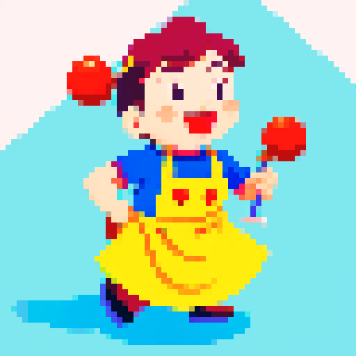 Cute, vibrant, playful chef, apron, juggling utensils, pixel art, colorful, character facing forward, character looking up concentrating on juggling, no background